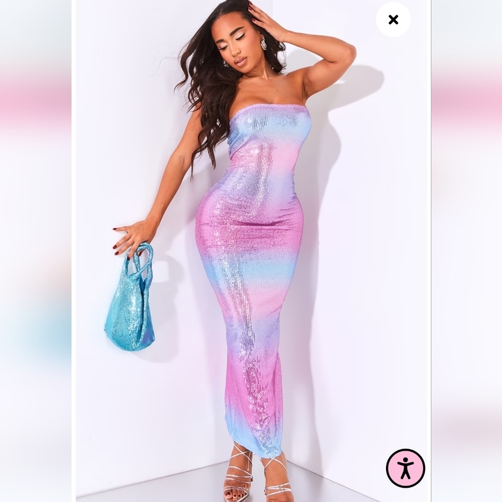 NWT PRETTYLITTLETHING Ombre Sequin Maxi Dress, Prom, Cruise, Size US 4 & 6